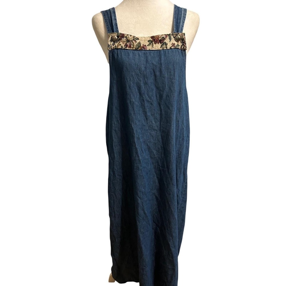 Vintage 90s Denim Jean bib dress overall sz 12 USA tapestry midi cotton Bohofolk